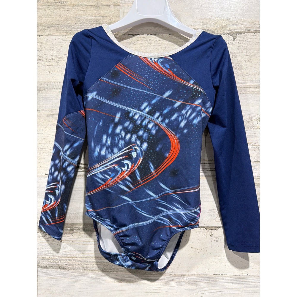 Capezio Future Star Leotard Girls Small Blue Galaxy Print Long Sleeve EUC